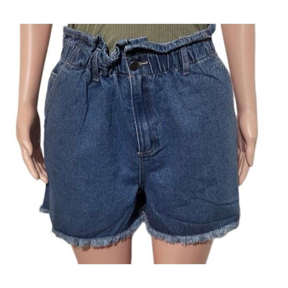NewIn Women's high waist paper bag raw hem medium wash denim short S, M,